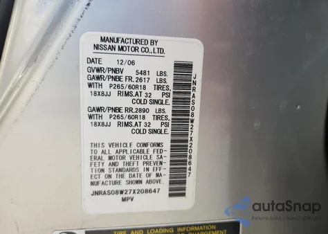 2007 Infiniti Fx35 z USA, uszkodzony, nr VIN JNRAS08W27X208647